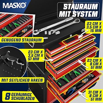 masko ® workshop trolley incl. suitcase – 9 compartments lockable solid metal ¨ mobile tool trolley without tools ¦ professional workshop trolley for tool storage with lock red