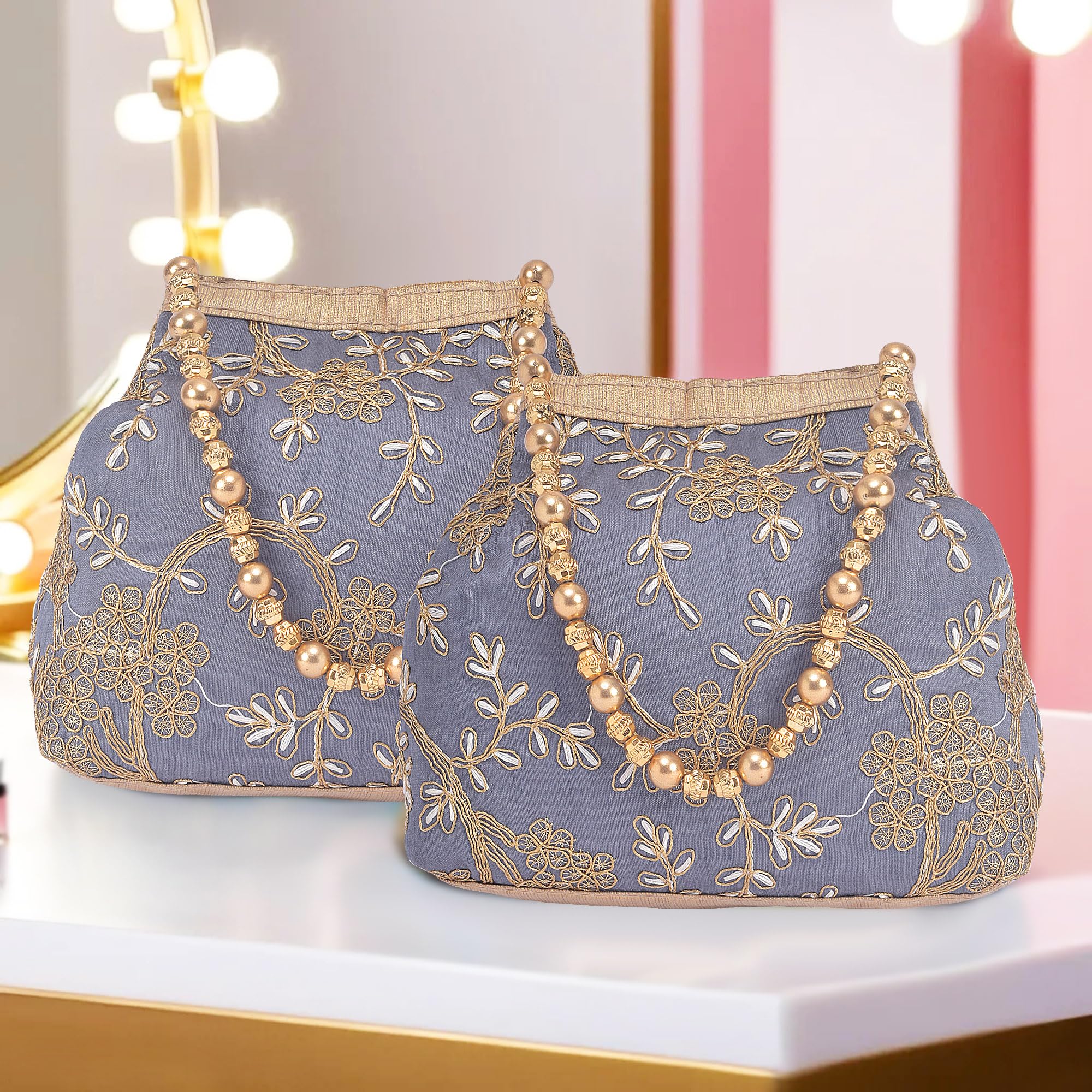Urbane Home Pack of 2 Potli Bags for Ladies & Girls | Women Shagun Pouches for Festive Seasons | Batwa Bag Bridal Purse | Moti & Embroidery- Grey-image-36
