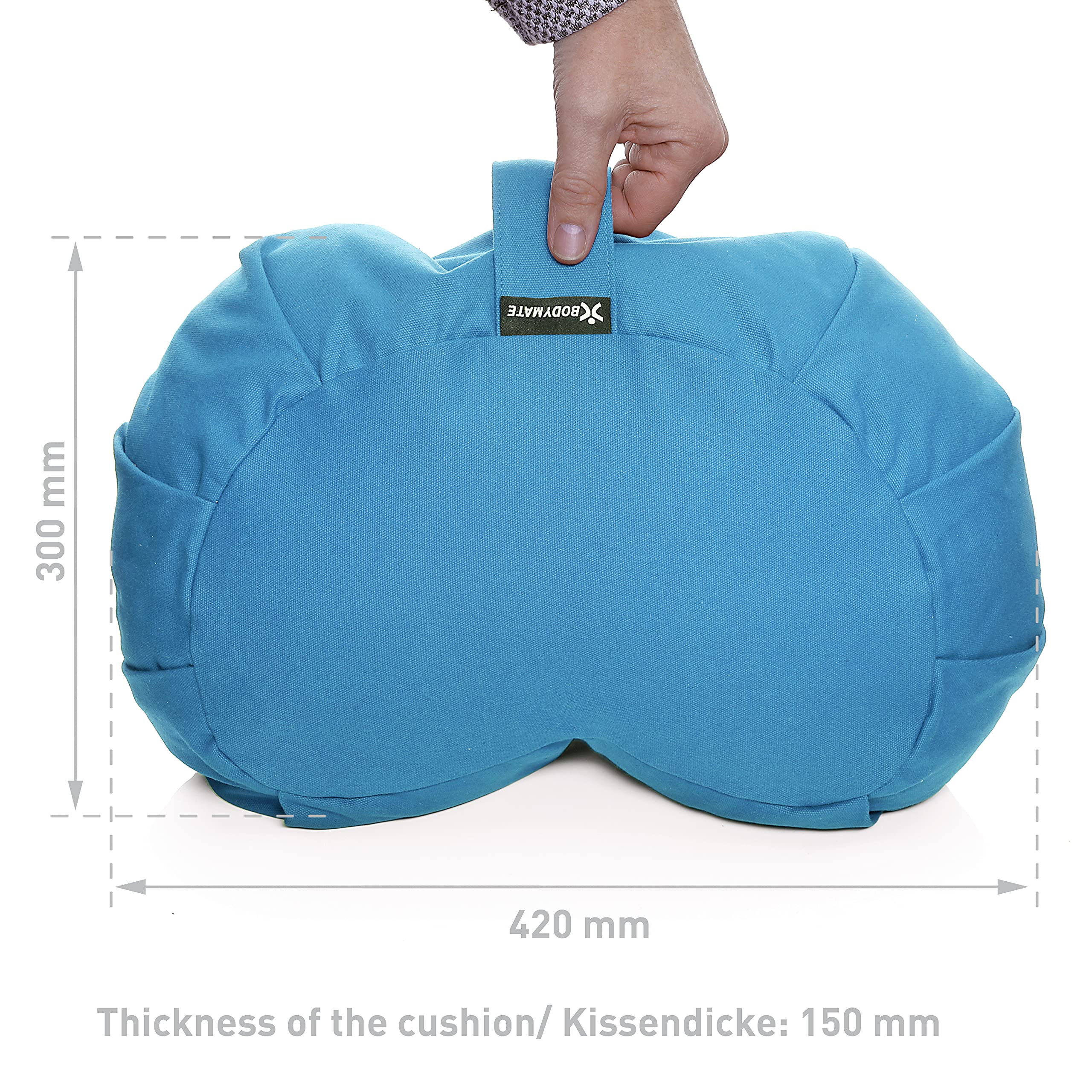 BODYMATE Halbmond Yogakissen 42cm lang 30cm breit und 15cm hoch mit Buchweizen-Spelz Füllung – Maschinenwaschbarer Bezug aus 100% extra dicker Baumwolle – Meditationskissen – Sitzkissen