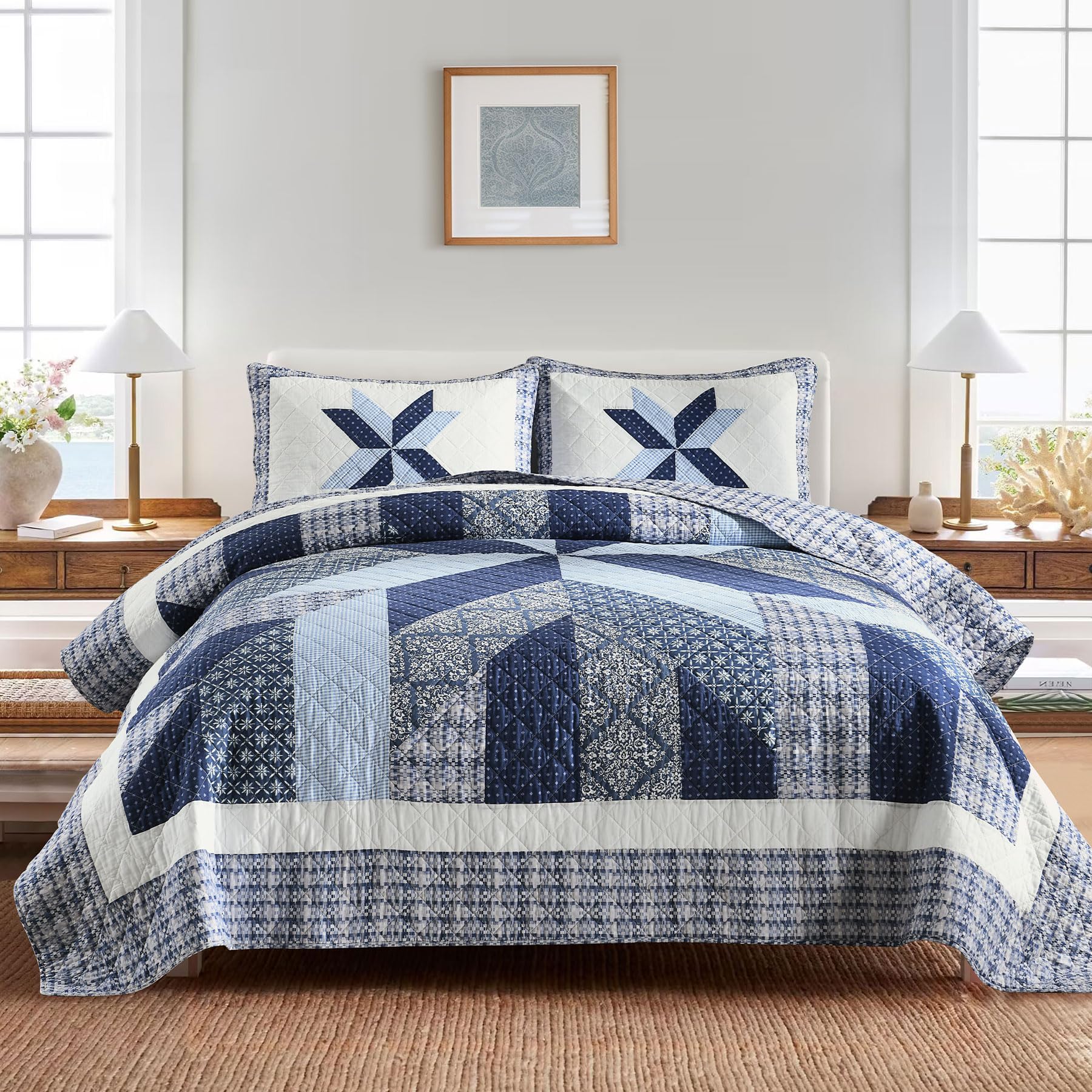 Secgo Handmade Quilted 100% Cotton King Comforter Set for Bed - 100% Cotton Quilts King Size, Black Bedspreads (96 * 108 Inch) with 2 Pillow Shams, Patchwork Reversible Lightweight Bedding
