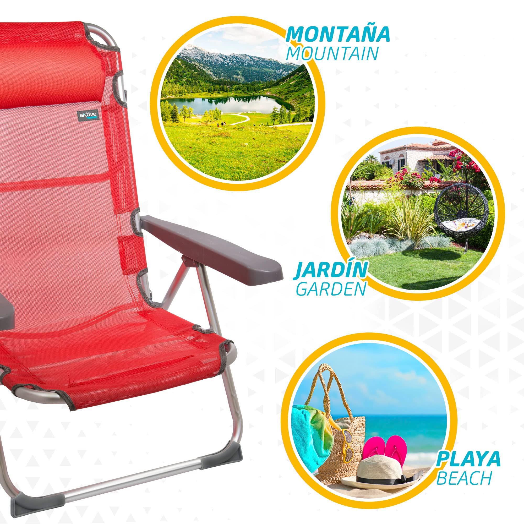 AKTIVE 62265 - Pack de 2 Chaises Hautes Pliantes avec Coussin pour la Plage, Le Jardin, la Terrasse ou Le Camping, Dimensions 48X60X90cm, Accoudoirs Durables et Ergonomiques