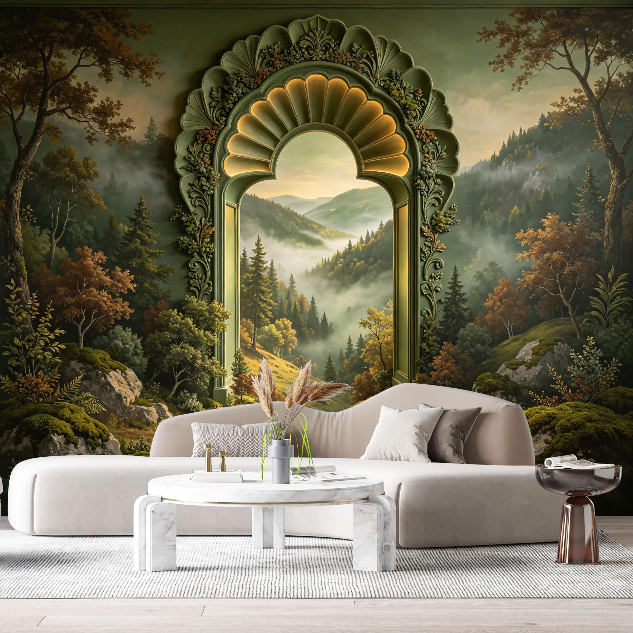 Custom Size Wall Murals Fantasy Forest Archway Misty Valley 3D Trompe L'Oeil SelfAdhesiveWall Fabric Removable Wallpaper Wall Decor for Living Room Bedroom Bathroom