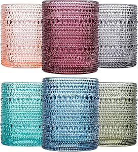 JOVGANK Colored Vintage Hobnail Drinking Glasses Set of 6, Embossed Water Tumbler 12oz, Kitchen & Bar Beaded Glass Cups, Beverage Glass Cups for Water, Beer, Juice, Housewarming Gift