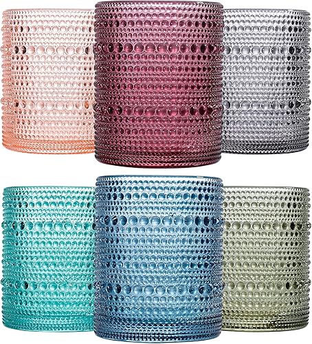 Juego de 6 vasos de colores vintage con diseño de hobnail para beber, vaso de agua en relieve de 12 onzas, vasos de vidrio con cuentas para cocina y