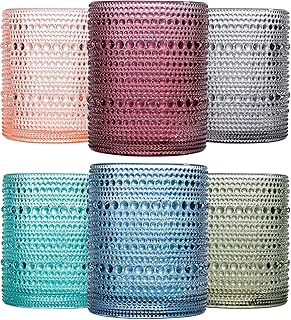 Colored Vintage Hobnail Drinking Glasses Set of 6, Embossed Water Tumbler 12oz, Kitchen & Bar Beaded Glass Cups, Beverage Glass Cups for Water, Beer, Juice, Cocktail Glassware, Mixed Color