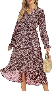 Sponsored Ad - Funlingo Women's Long Sleeve Boho Midi Dress Floral Print V Neck Wrap Dress Flowy Ruffle Hem High Waisted D...