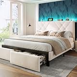 EnHomee Queen Size Platform Bed Frame with Storage Headboard and 2 Drawers&comma; Button Tufted Velvet Upholstered Headboard&comma; LED Lights and Charging Station&comma; Modern&sol;No Box Spring Needed&sol;Beige