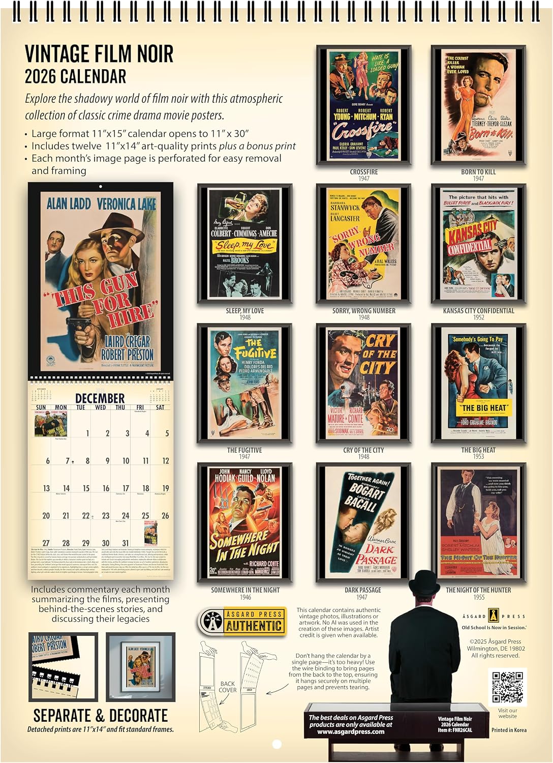 Asgard Press 2026 Vintage Film Noir Deluxe Wall Calendar, 16 Months, Frame-Ready Classic Movie Poster Art with Commentary, 11”x30” (Size When Open)