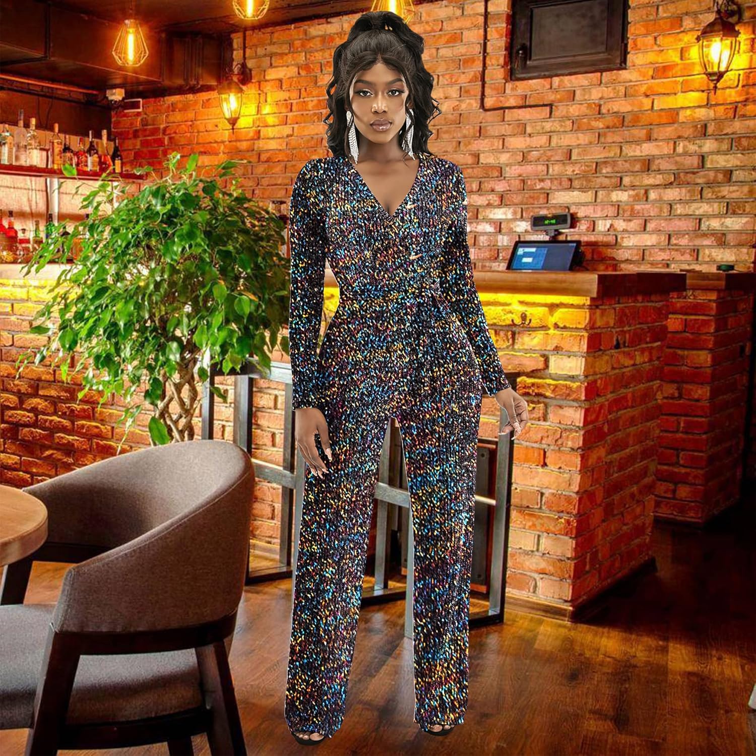 LightlyKiss Women's casual sexy V-neck sparkling jumpsuit long sleeve loose jumpsuits Fashion Club party Rompers with belt - Image 3