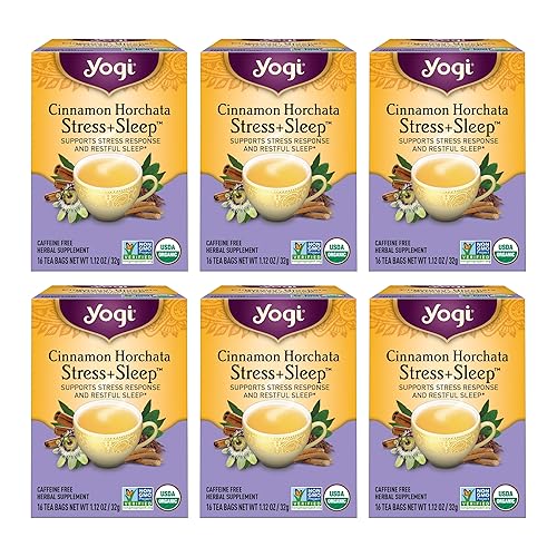 Yogi Tea Cinnamon Horchata Stress + Sleep - Té de hierbas sin cafeína, certificado orgánico por USDA, sin OMG, 16 bolsas de té (paquete de 6)