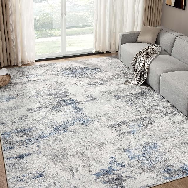 DMOYEST Living Room Area Rugs - 6x9 Abstract Large Soft Indoor Washable Rug Neutral Modern Low Pile Carpet for Bedroom Dining Room Farmhouse Home Office - Grey Blue