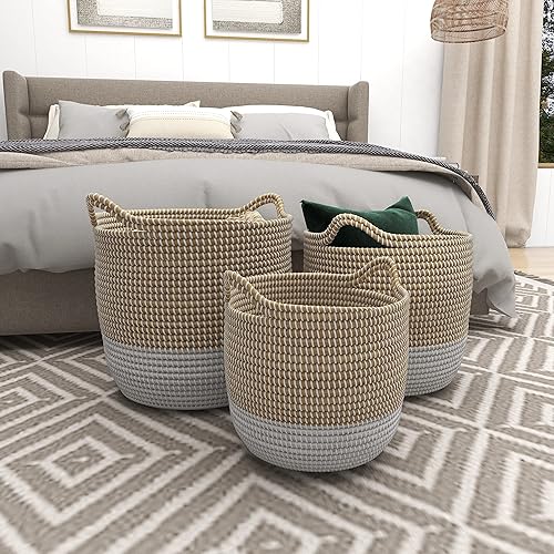 Miniatura 5 de CosmoLiving by Cosmopolitan Seagrass - Cesta de almacenamiento hecha a mano de dos tonos con asas, juego de 3 unidades de 13 pulgadas, 16 pulgadas,
