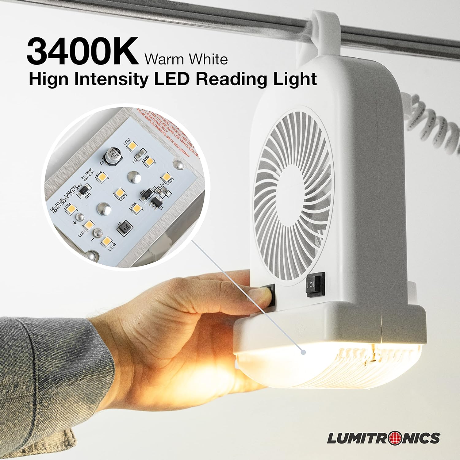 Lumitronics RV Portable 12V LED Interior Bunk Light and 2-Speed Personal Fan Combo, Quiet Motor, Reading Light with Extendable 8-Foot Cord - On/Off Switch, Mounting Brackets Included