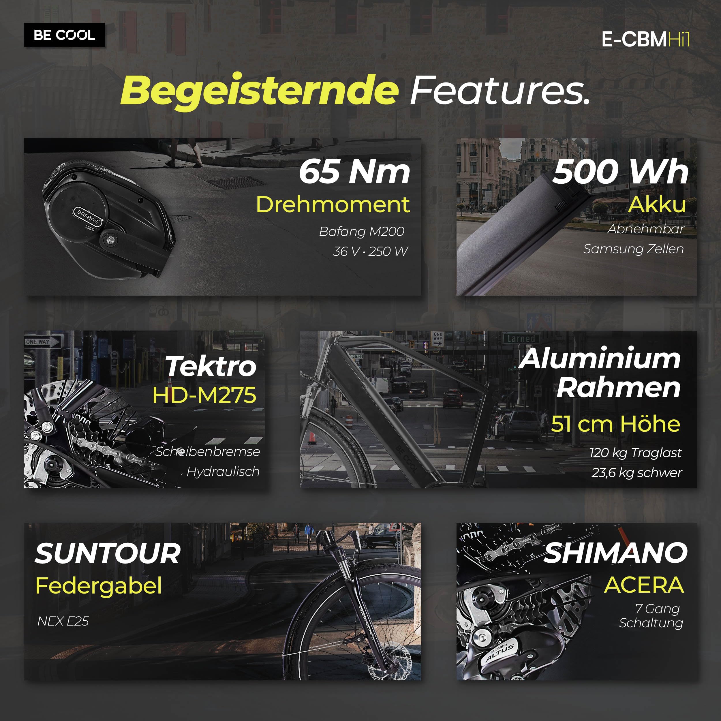 Be Cool eCBM-Hi1 Herren E-Bike 28 Zoll 500Wh 36V 14Ah Samsung Akku, Bafang M200 Mittelmotor 250W 65Nm, Shimano Acera 7-Gang, Hydraulische Scheibenbremsen, City Trekking Pedelec