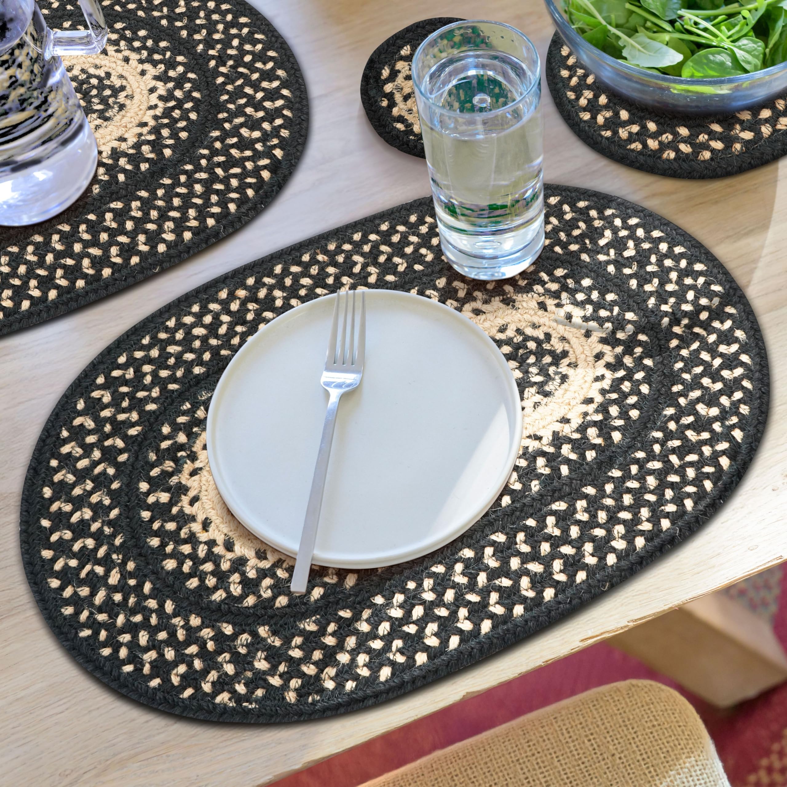 Homespice Manchester Jute Braided Placemats, Country Primitive Decor, Set of 4, Black and Tan 13x19 Oval Table Mats - Vibrant Colors, Durable, Easy to