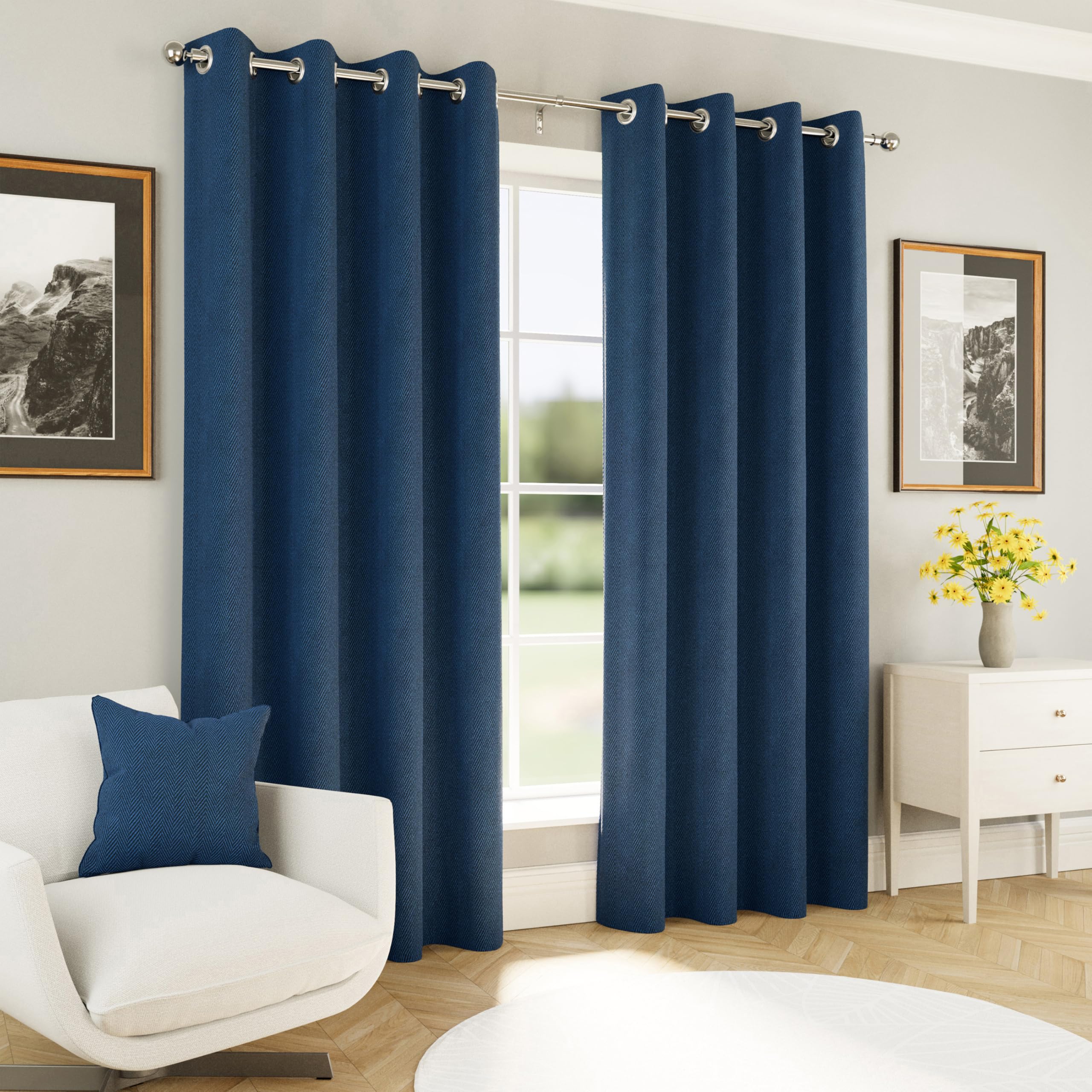 Enhanced Living  Blue Chester 100% Blackout Herringbone Eyelet Curtains in Size H, Sports Direct