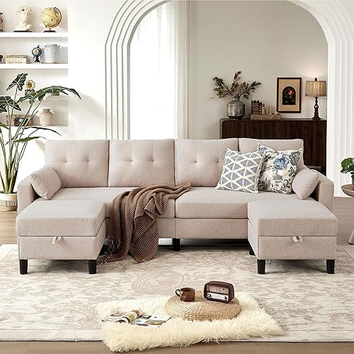 Sofá modular convertible de 101 pulgadas, sofá en forma de U, sofá de 4 plazas con otomana de almacenamiento, cómodos sofás seccionales de tela de