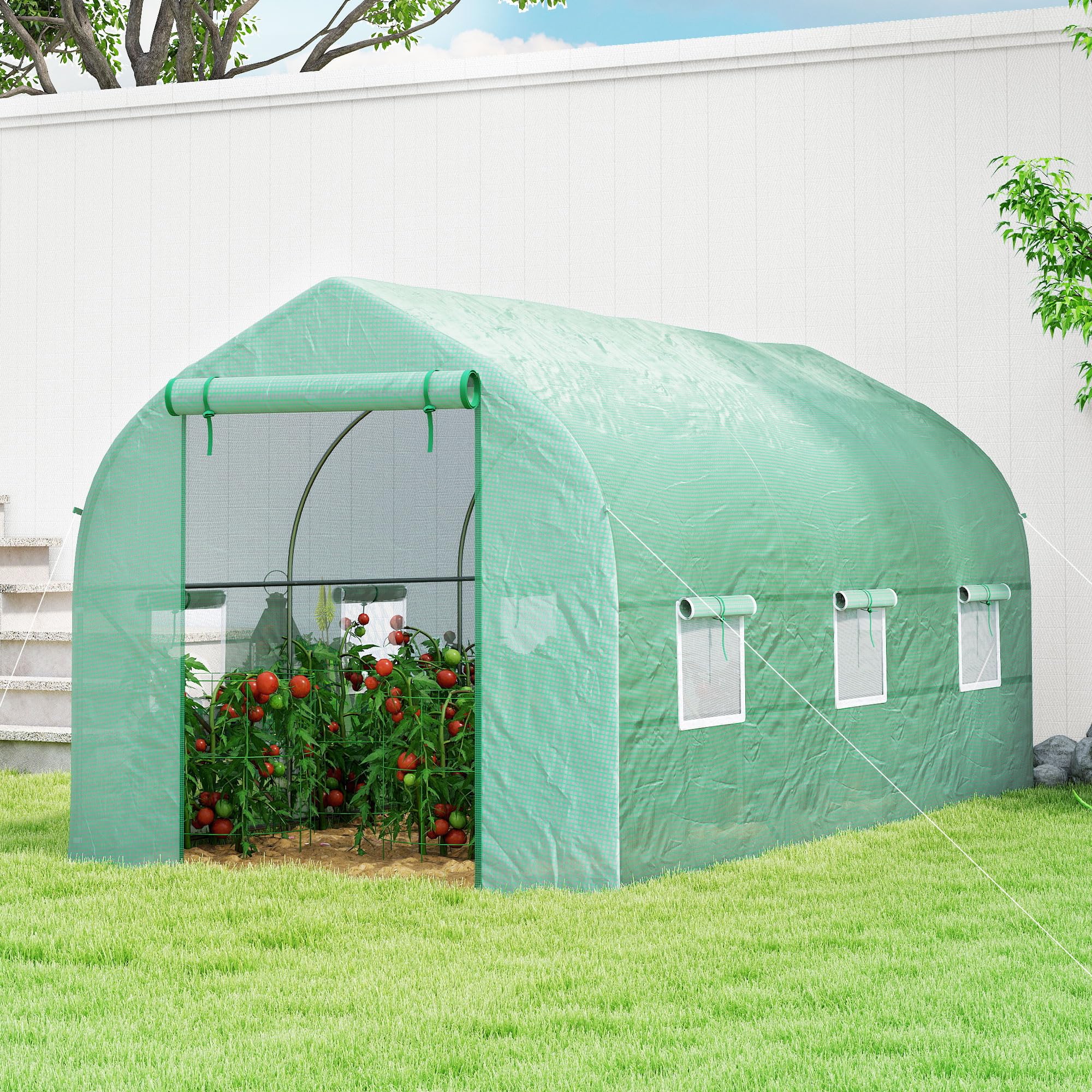 Outsunny Invernadero de Jardín 4x2x2 m Invernadero de Túnel con 6 Ventanas Transpirables y Puerta Enrollable con Cremallera Huerto para Cultivo Plantas Verduras Verde
