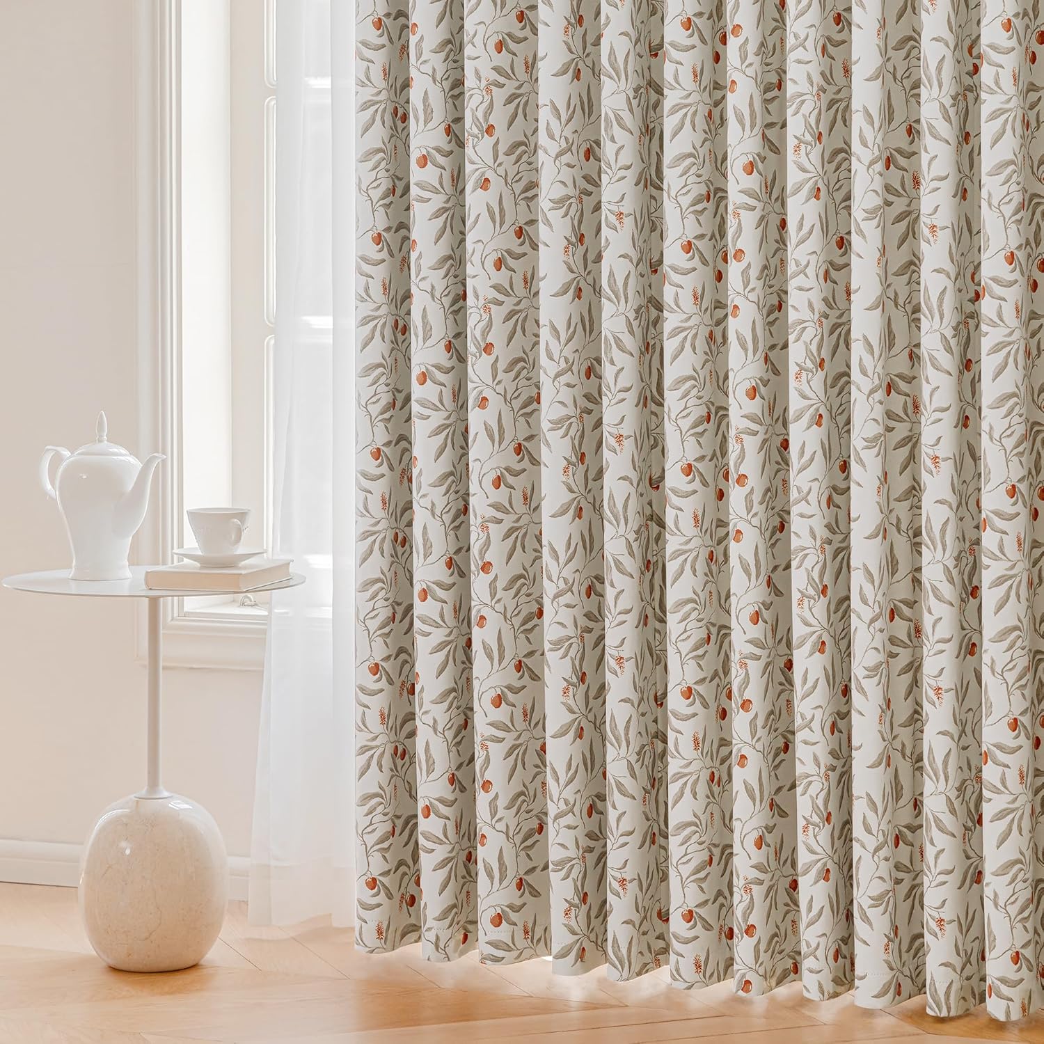 100% Blackout Beige Curtains 96 Inches Long for Bedroom, Orange and Taupe Cherry Leaves Patterned Curtains for Living Room, Farmhouse Thermal Insulated Botanical Drapes Grommet 2 Panels Set