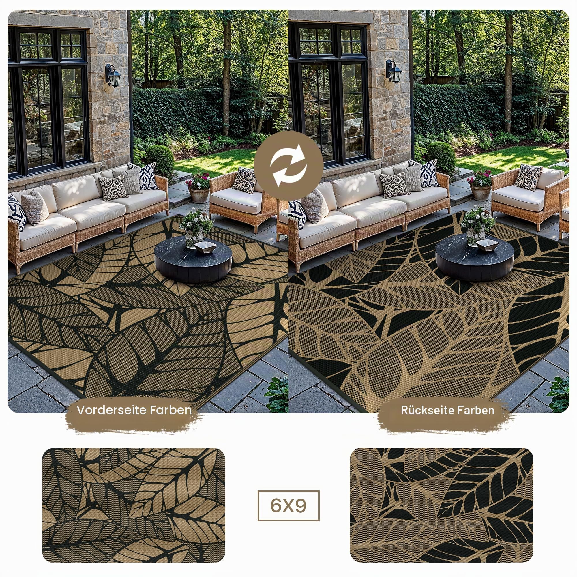 GENIMO Outdoor Teppich Wetterfest Balkon Garten 180x270 cm Pflanzenmuster UV-beständig Wasserabweisend Kunststoff Camping Terrasse Picknick,Schwarz und braun