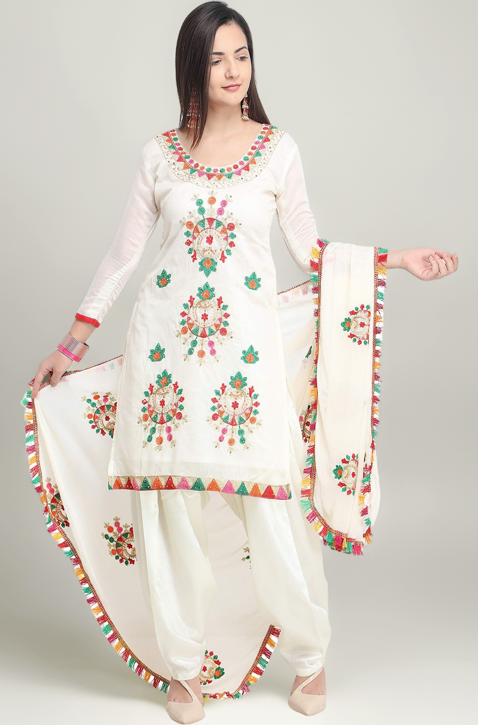 EthnicJunction Women's Chanderi Cotton Embroidered Unstitched Salwar Suit Dress Material with Pompom Lace Work