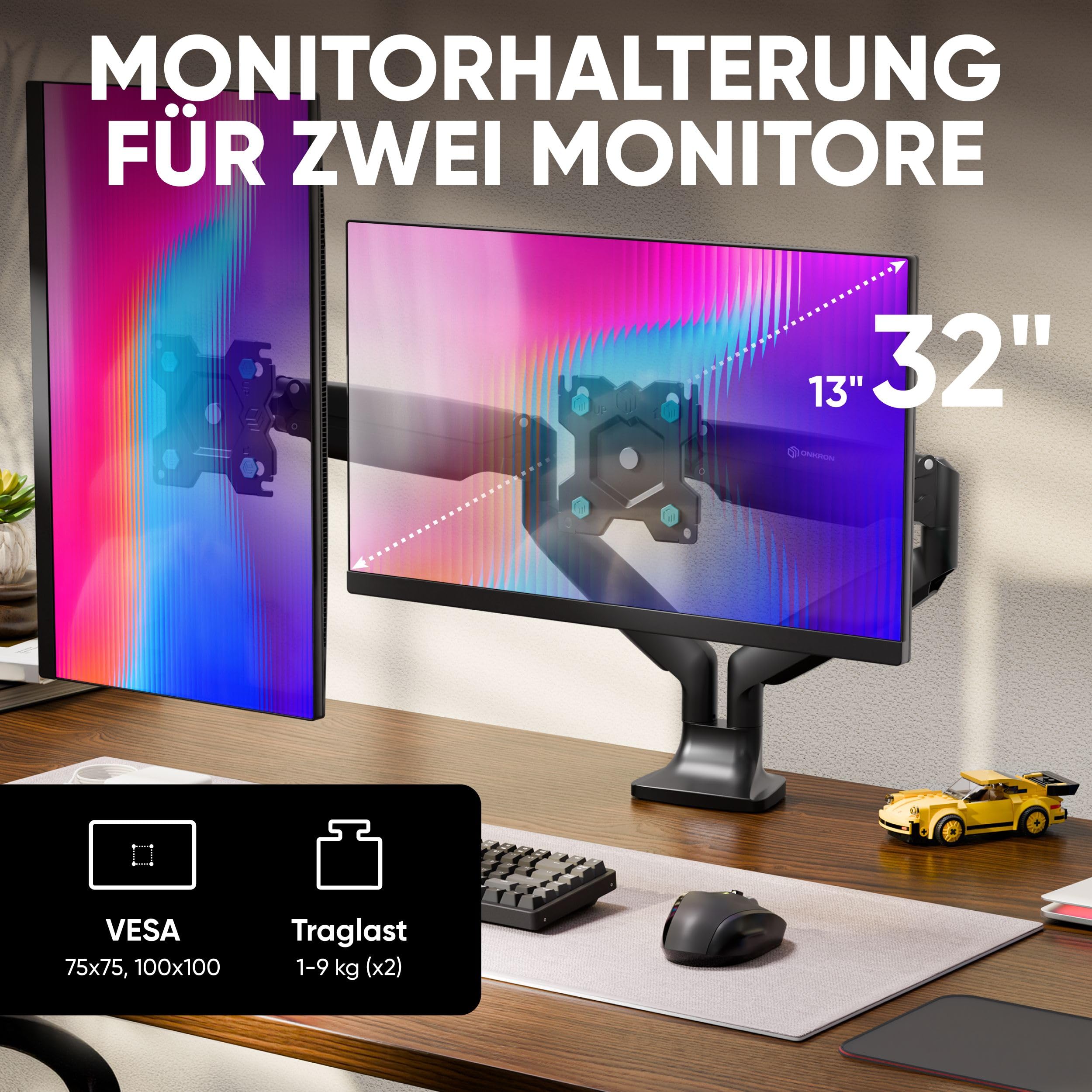 ONKRON dual Monitor Halterung 13-32", 9 kg (x2), max VESA 100x100, G200-B | Doppel Monitorarm bis 61,5 cm ausziehbar, Gasdruckfeder, schwenkbar, drehbar, Klemm-/Bohrmontage; für Homeoffice & Gaming