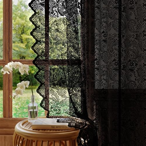 Rinwoc Black Lace Sheer Curtains – Vintage Floral Lace Halloween Curtains Gothic