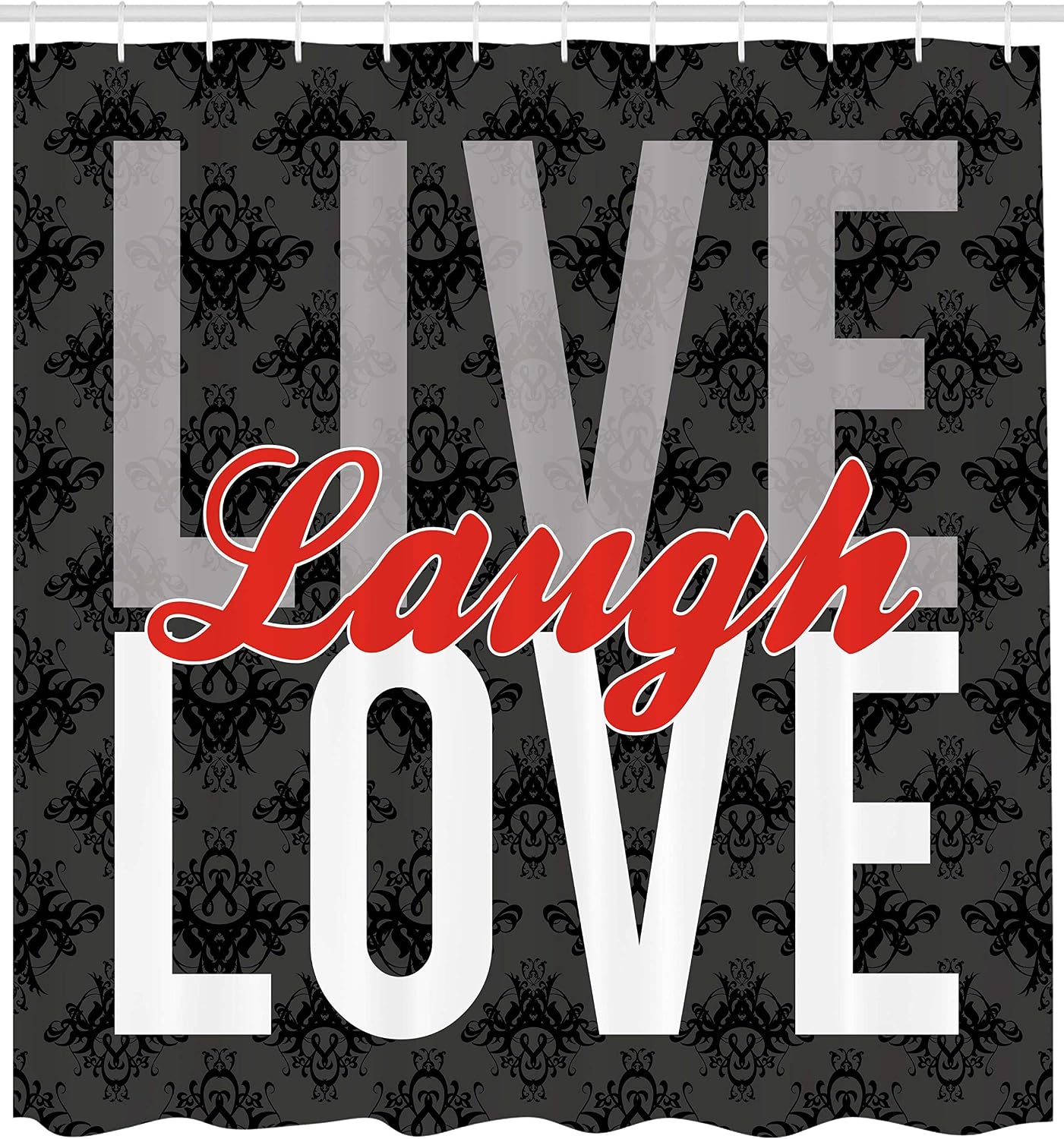 Ambesonne Live Laugh Love Shower Curtain, Different Typed Words of Wisdom Victorian Antique Damask Motifs Tile Print, Cloth Fabric Bathroom Decor Set with Hooks, 69" W x 84" L, Multicolor