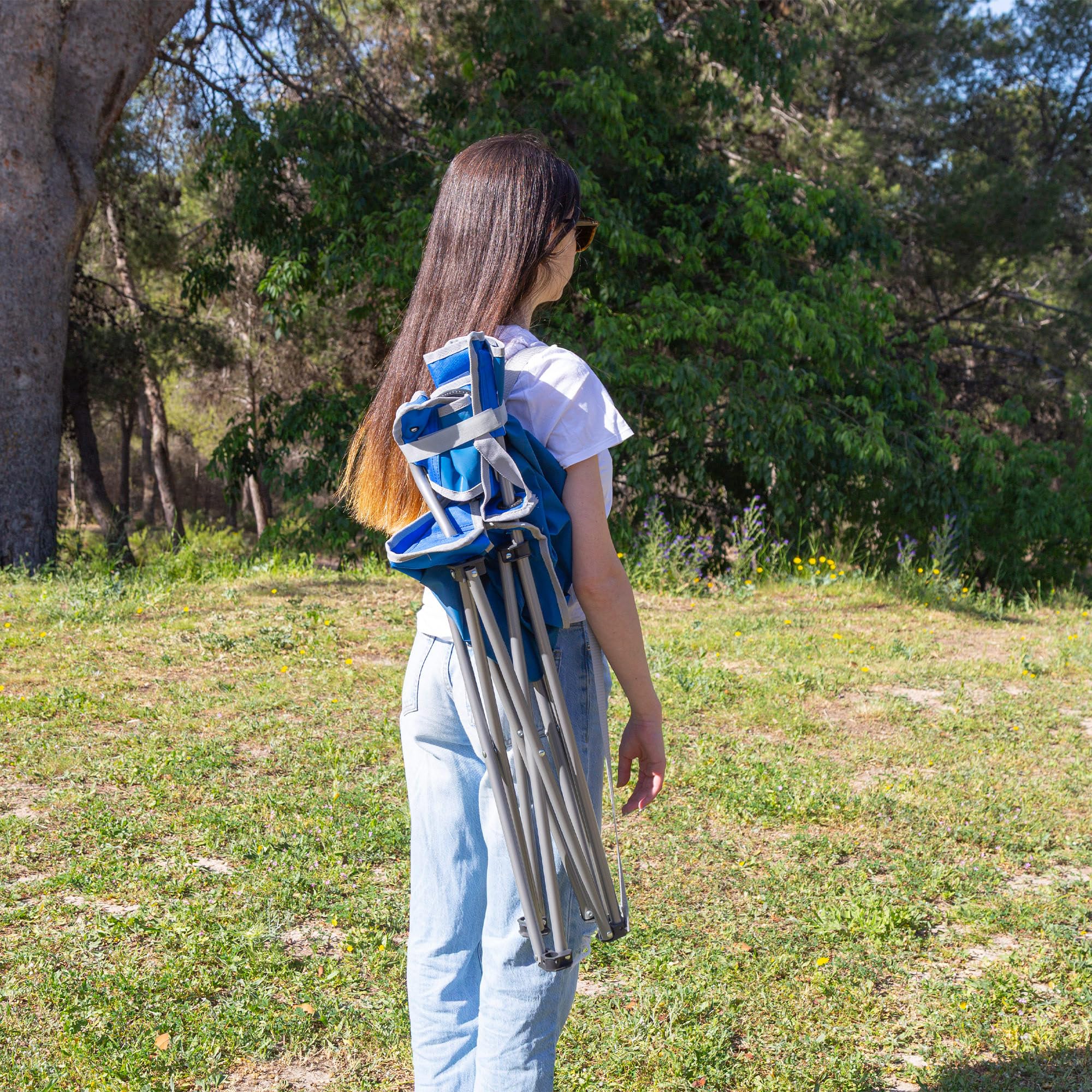 AKTIVE Pack 4 sillas Camping, 47x46x80 cm, Azul, Soporta 110 kg, Asiento Alto 40 cm, Posavasos y Bolsillos, Antivuelco, Asa Transporte Lateral, Plegado Compacto, Sin Tubo Delantero (85565)