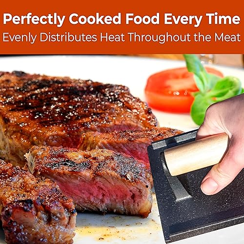 Miniatura 5 de Parrilla de hierro fundido versátil y segura al tacto de 8 x 4 pulgadas, peso de 2 unidades. Prensa de carne perfecta con mango de madera para