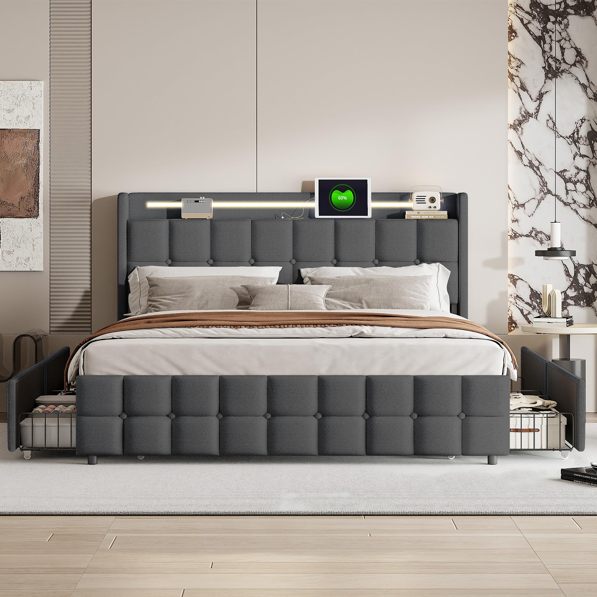 CDQL Letto imbottito 160 x 200 cm con 4 cassetti, letto matrimoniale con illuminazione a LED e porta USB, struttura del letto con rete a doghe, letto per ragazzi, letto degli ospiti, in lino, grigio