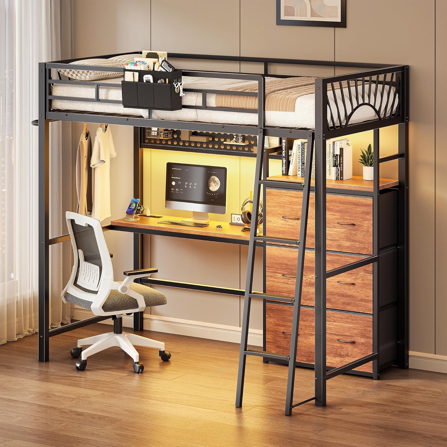 Decofy Twin Loft Bed with Desk and Storage