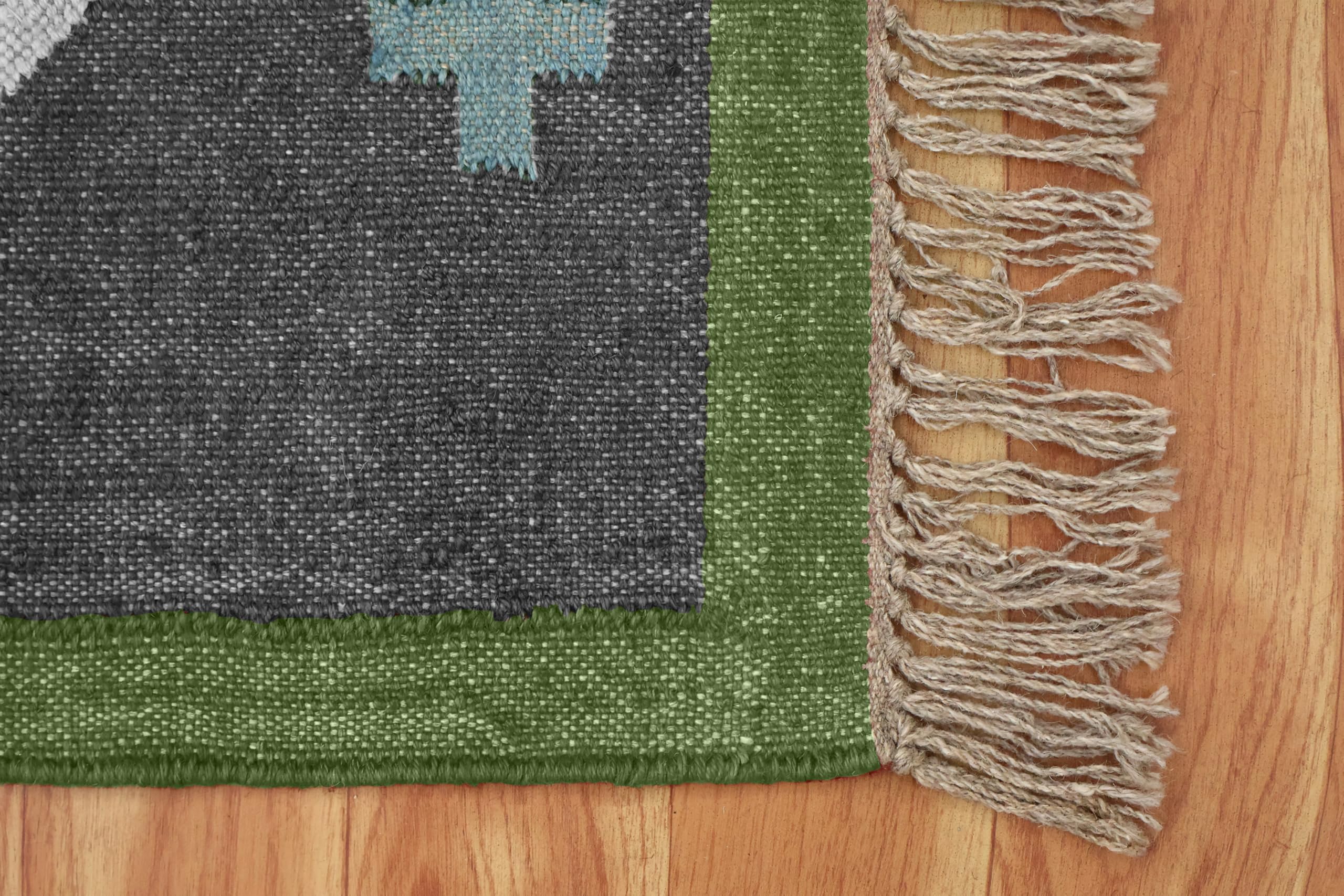 Tappeto quadrato reversibile per 1,5 m, reversibile, in lana, iuta, design geometrico, verde e blu, tappeto intrecciato a mano, spessore 0,5 cm, tappeto per interni ed esterni, per corridoio, sala da