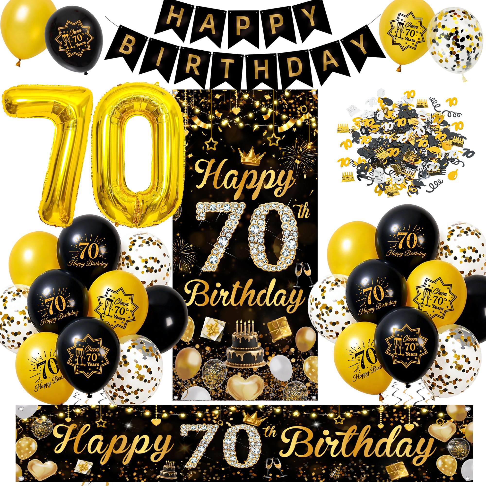 Happy 70th Birthday Decorations Set, Black Gold Party Balloons Decor Set