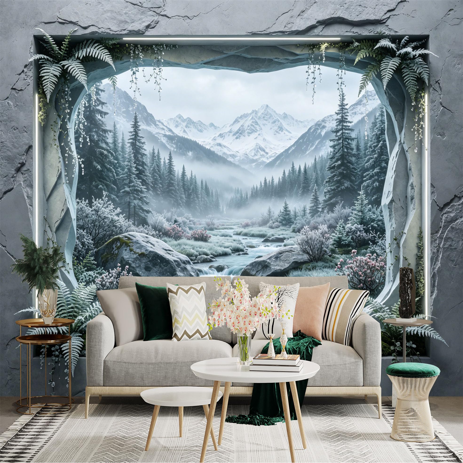 Custom Size Wall Sticker Mural， Snowy Mountain River with Pine Forest and Frosted Landscape， for wall Decoration， peelandstick wall Decals.