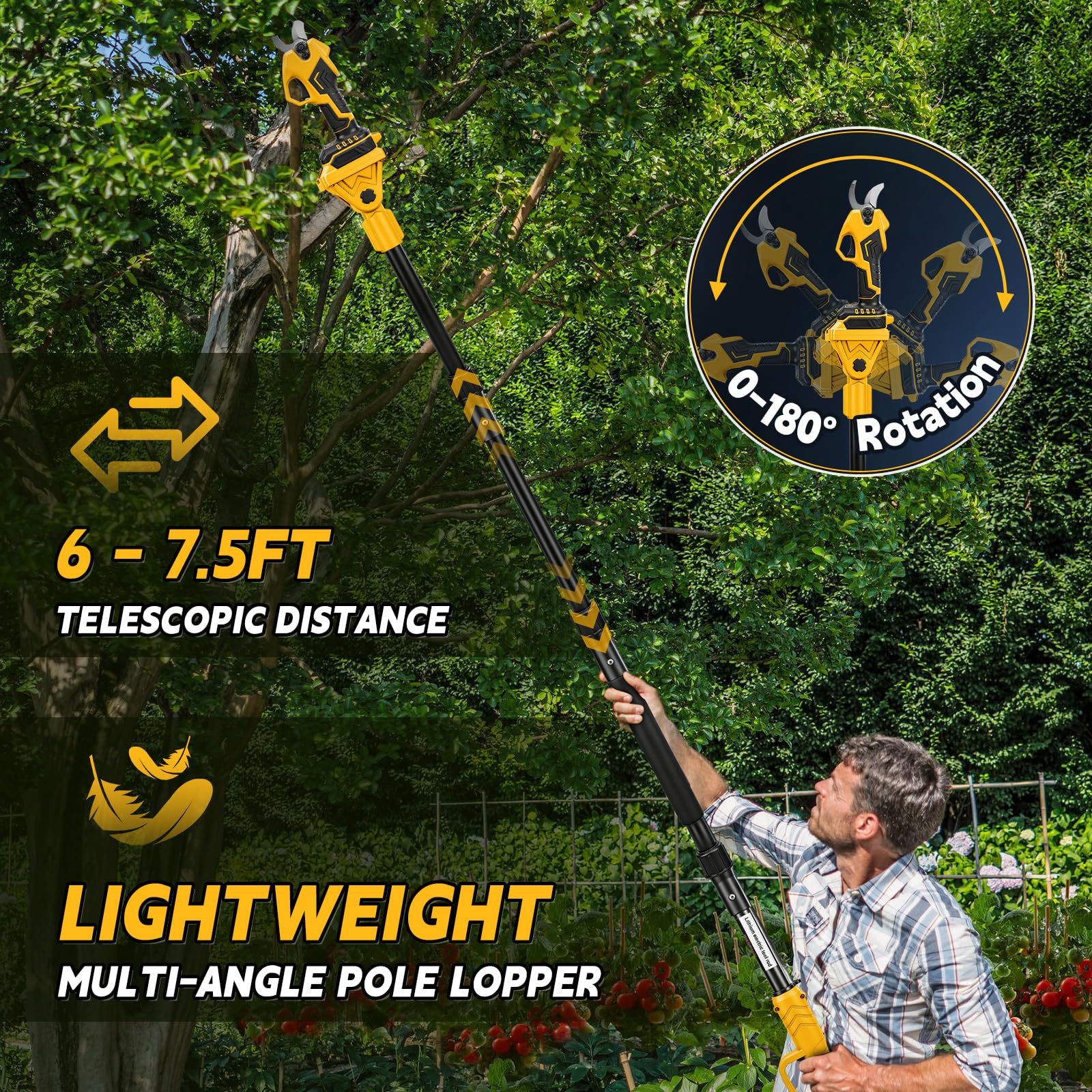 Tijeras de Podar Eléctricas 2 en 1 con Pértiga compatible con Dewalt 20V baterías, Tijeras de podar Corte de 14/30mm, Palo Telescópico 2M, Jardinería y Poda para Árboles (sin batería)