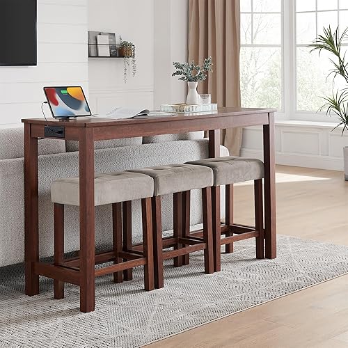Miniatura 4 de 59 Inch Bar Table, Dining Table, Sofa Table with Power Outlet, 3 Upholstered Stools, 4 Bar Table and Chair Set for Living Room, Dining Room, Kitchen