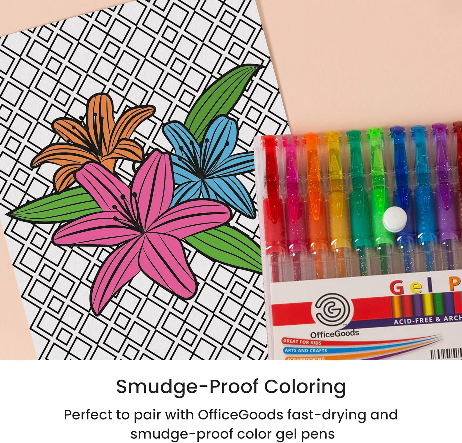 OfficeGoods 24 pcs Brown Earth Tones Gel Pens with Refills and Dreamy Blooms Coloring Book Bundle
