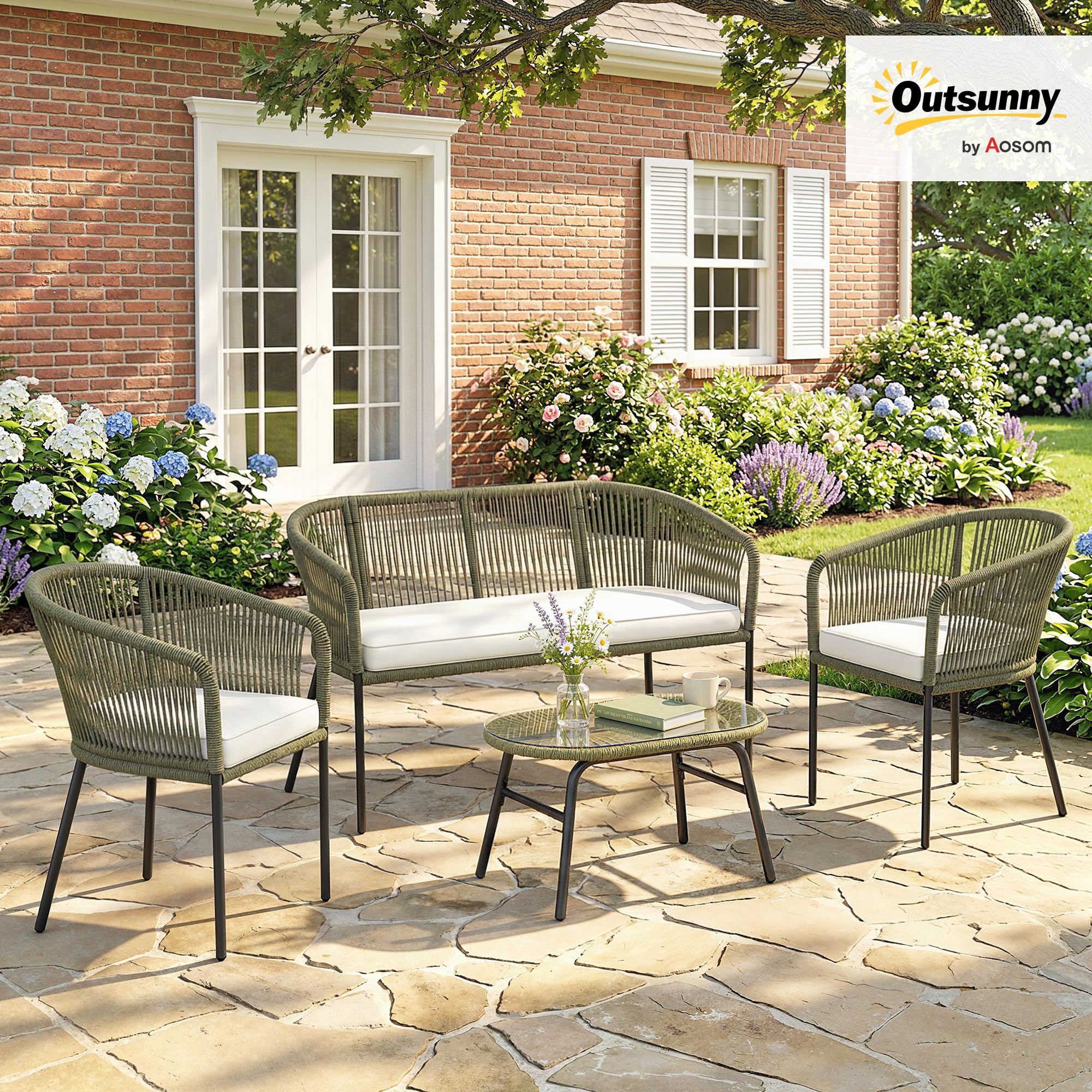 Outsunny Salon de Jardin Extérieur 4 Places PP Rond Tressé Balcon Crème | Canapé 2 Places, 2 Fauteuils, Table Basse Verre Trempé, Mobilier de Jardin Terrasse, Coussins Déhoussables