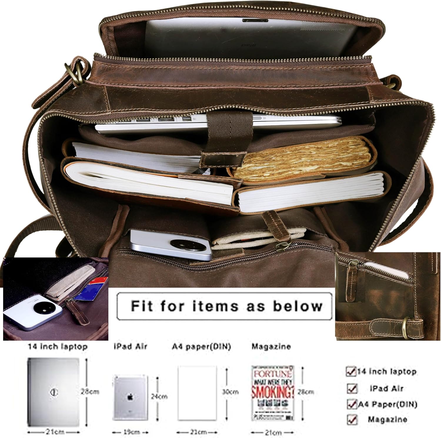 HLC Leather Backpack Genuine Laptop Rucksack For Men Women Genuine Large Capacity Business Retro Travel Camping Daypack Bag (Brown) - Image 6