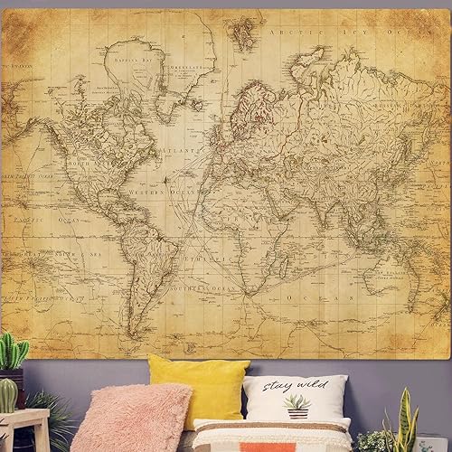 Miniatura 3 de Tapiz de mapa del mundo antiguo, tapiz vintage de distribución geográfica para colgar en la pared, póster educativo marrón del Atlas histórico para