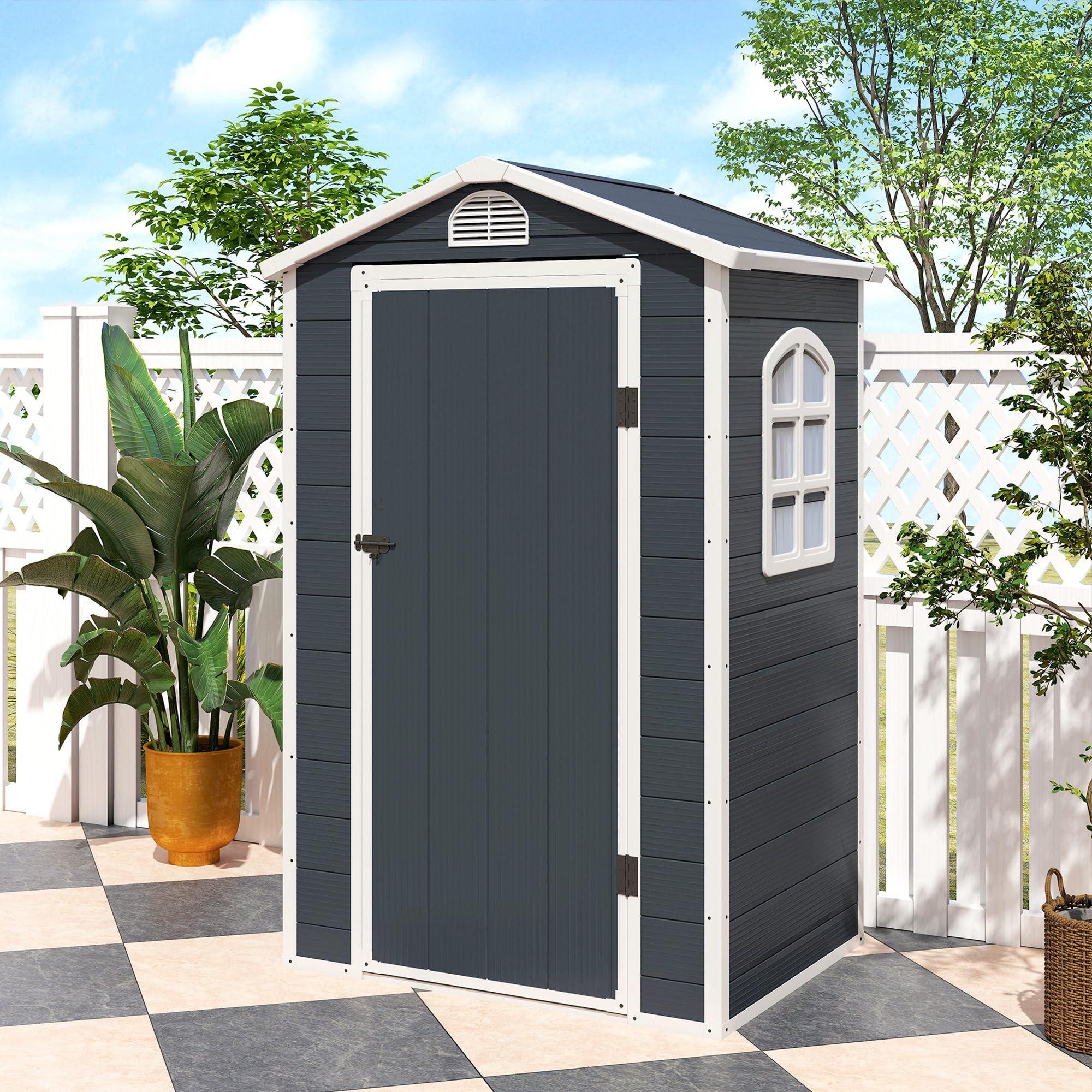Outsunny Gerätehaus 1,1m² mit Satteldach 134 x 104 x 204 cm Dunkelgrau | Kunststoff Geräteschuppen mitAbschließbare Tür, Belüftungsöffnung, Fenster, Gartenchuppen für Garten