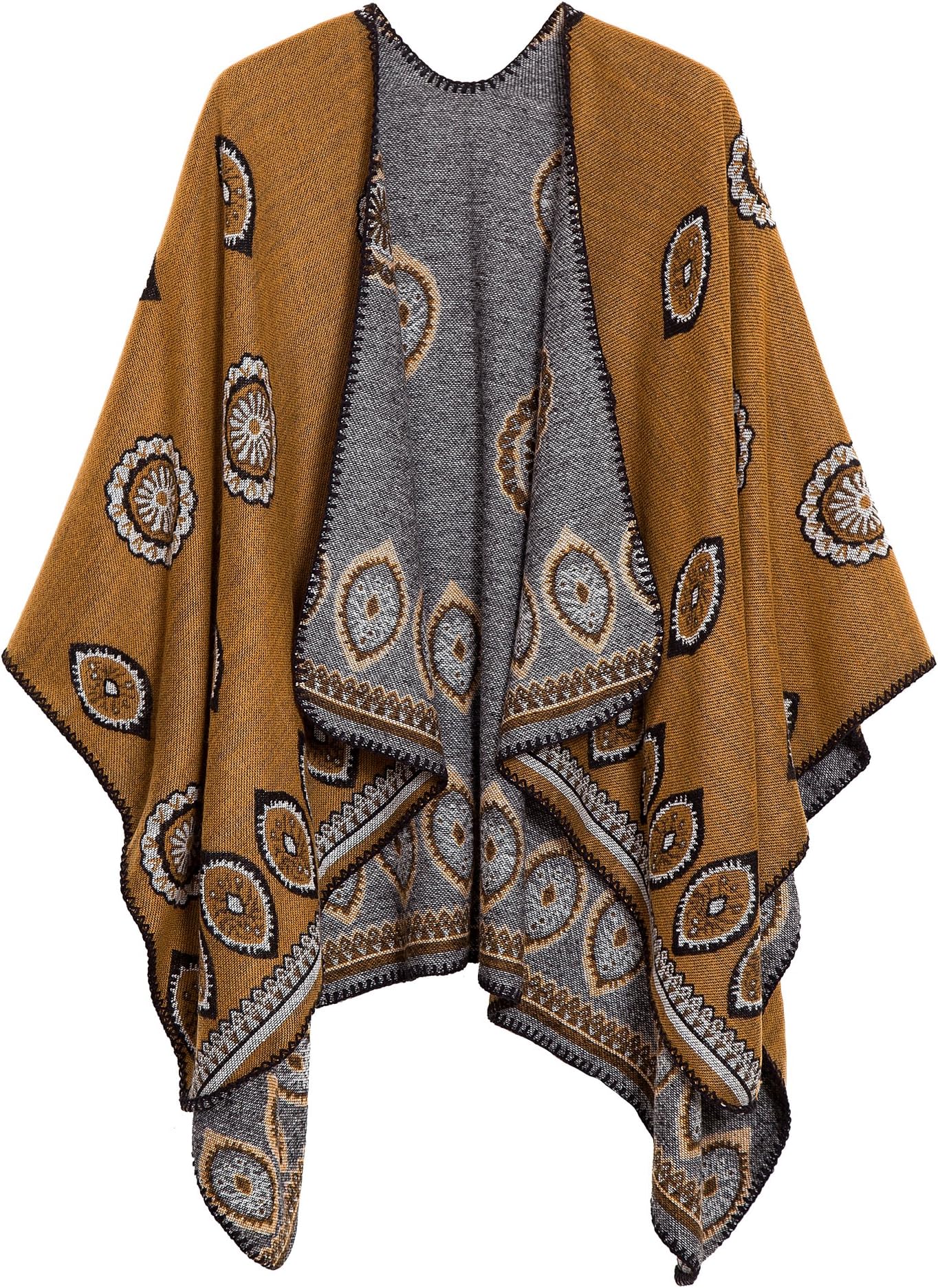 Women's Vintage Pattern Open Front Poncho Cape Shawl Winter Shawl Wraps