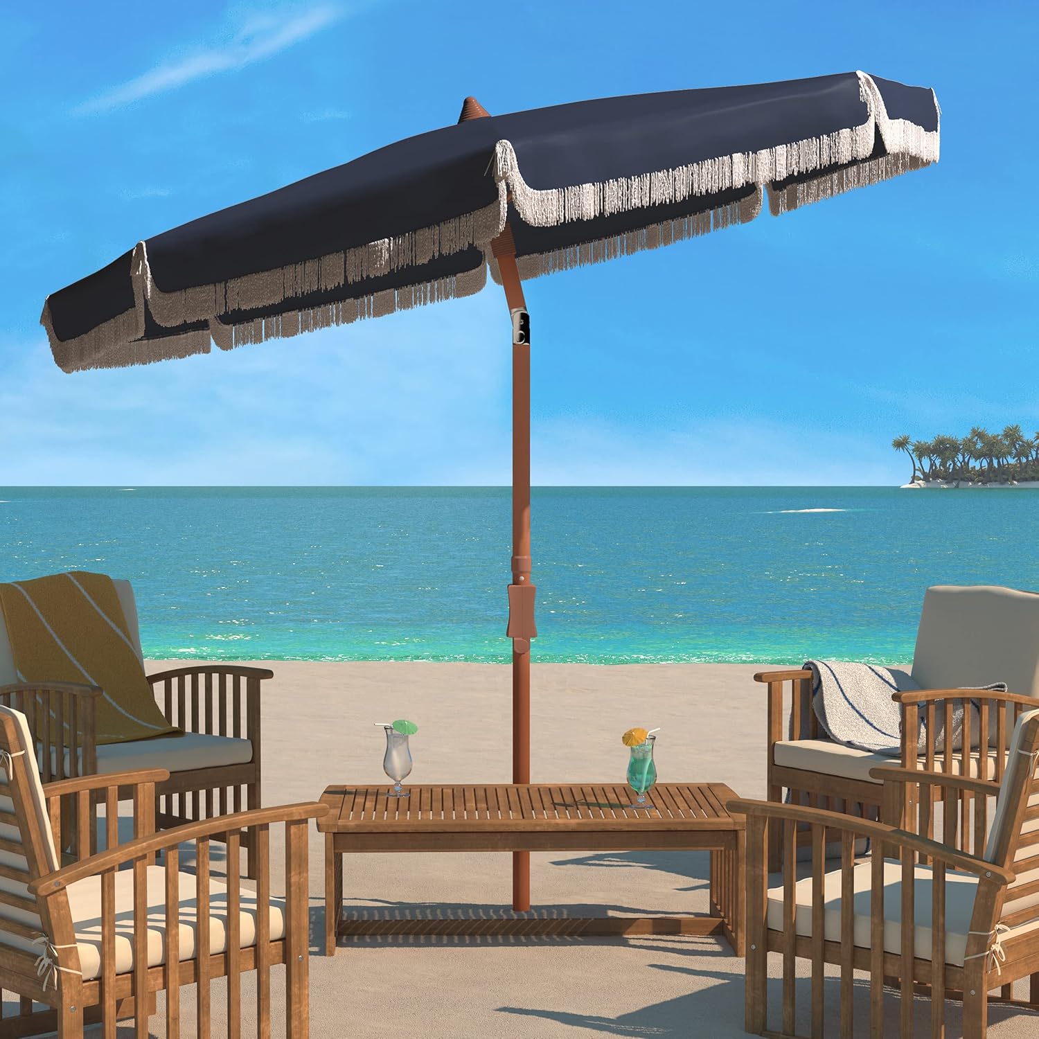 SAFAVIEH 6.5ft Outdoor Patio Umbrella, Round, Estonia Collection, Fringe Trim, Navy, Button Tilt, UV Resistant for Deck, Backyard, Poolside (PAT8500B)