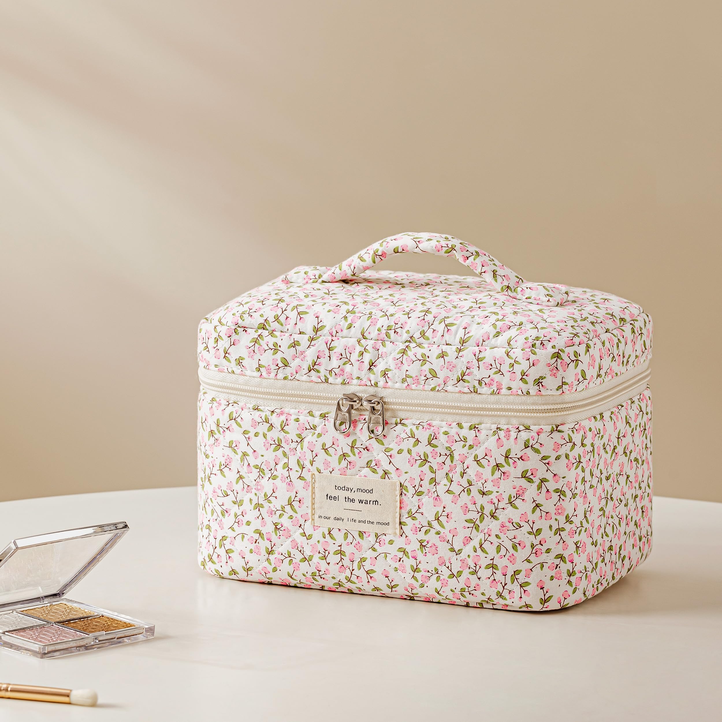 HBselect Gesteppte Make-up-Tasche, Baumwolle, groß, Reise-Make-up-Tasche, niedliches Blumenmuster, Kokette, Kosmetiktasche, Kulturbeutel für Damen und Mädchen, 3 Stück, A-3 Stück, Blumenmuster 17