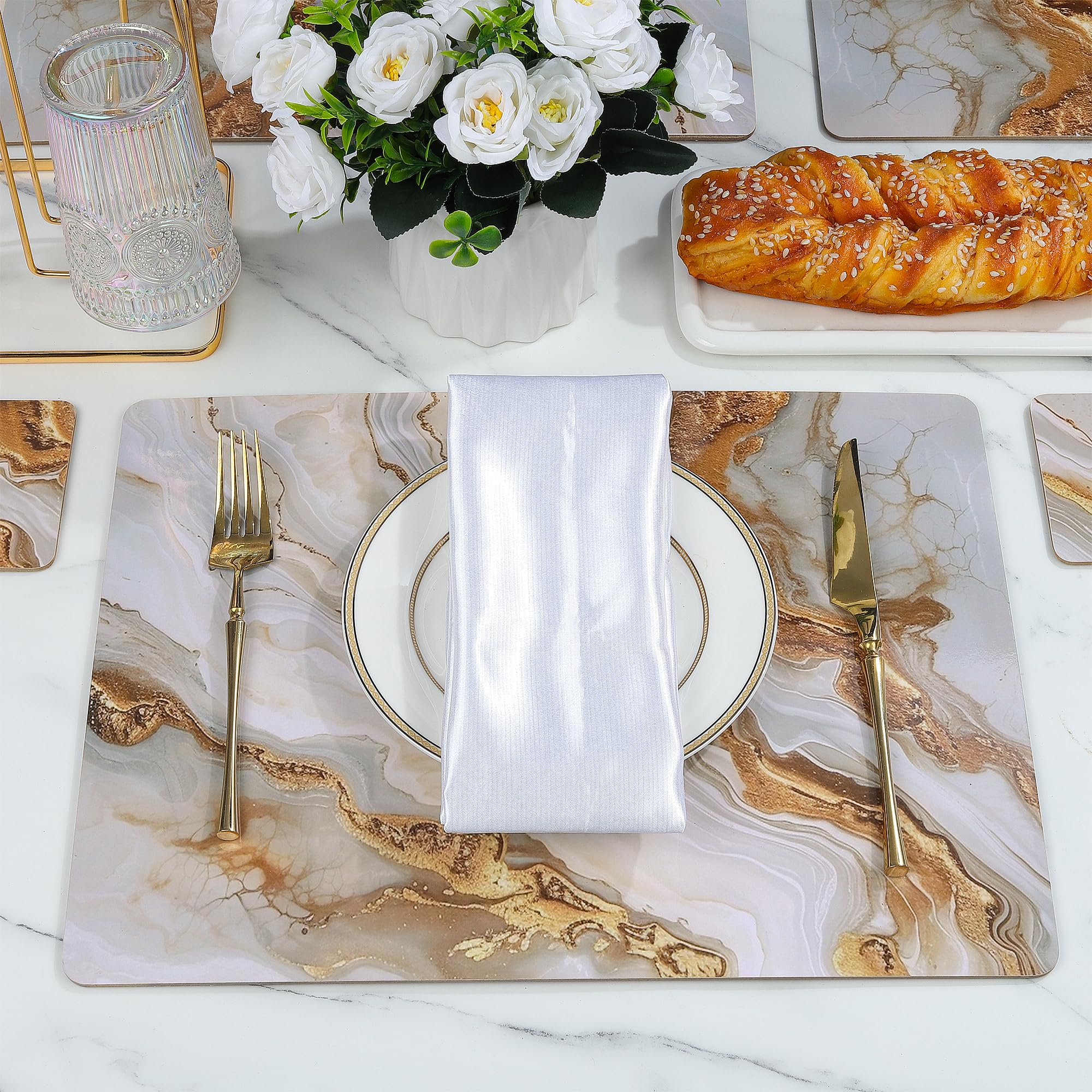 fanquare Cork Placemats Rectangular Placemats and Coaster Sets 4 White Ink and Wash Painting Marble Place Mats for Table Waterproof Heat Resistant Table Mats for Kitchen Home Decor 41 * 31cm - Image 3
