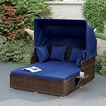 ORALNER Outdoor Daybed, 2-Person Wicker Patio Sofa with Retractable Canopy, Cushions & Pillows, 2 Side Trays, Double Sofa Bed PE Rattan Sunbed Lounger for Deck Poolside Garden Balcony (Black)