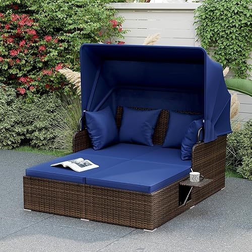 Miniatura 13 de RELAX4LIFE Sofá cama para patio al aire libre con toldo, tumbona de mimbre con cojines, 4 almohadas y 2 bandejas laterales retráctiles, conversación