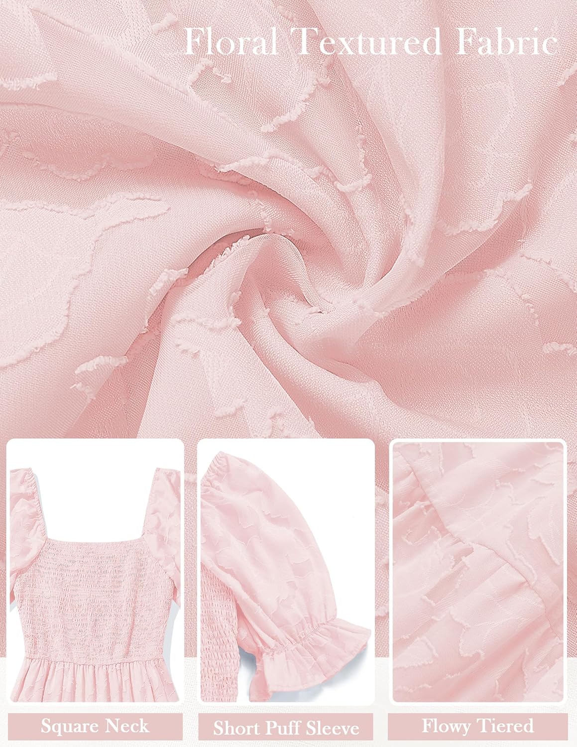 MEROKEETY Womens 2025 Summer Short Puff Sleeve Smocked Square Neck Floral Textured Tiered Midi Dress - Image 6