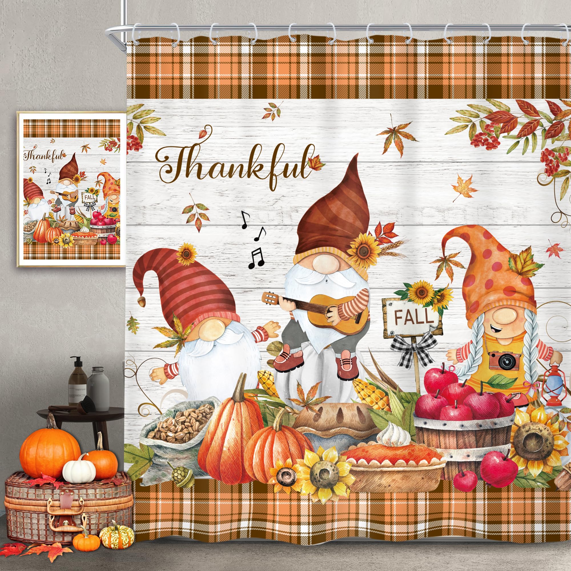 Newsely Fall Shower Curtain 60Wx72H Inch Autumn Gnome Maple Leaves Pumpkin Thanksgiving Shower Curtain Bathroom Set Farmhouse Rustic Plank Waterproof Bath Decoration Accessories Home Decor — image 1